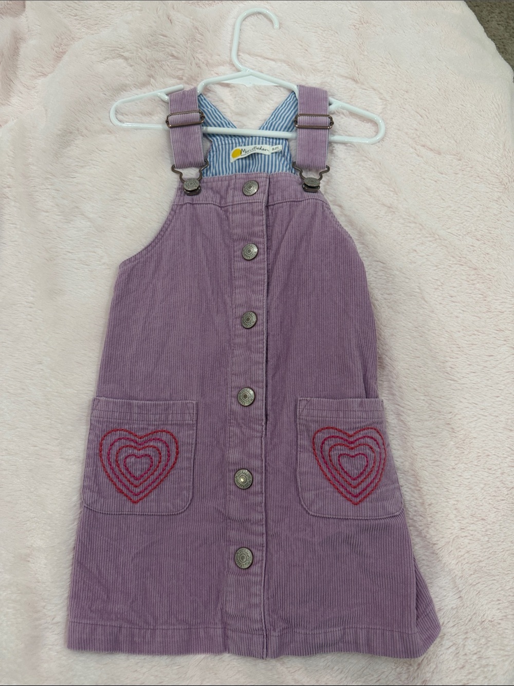 Mini Boden Purple Corduroy Heart Pocket Overall Dress.  3-4y